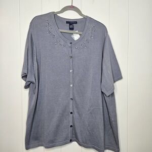 NWT Lane Bryant Venezla Short Sleeved Sweater 26/28 Gray With Embroidered Floral